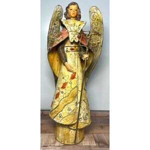 Vintage Handcrafted Angel Figurine With Gold Wings & Staff Wings Move